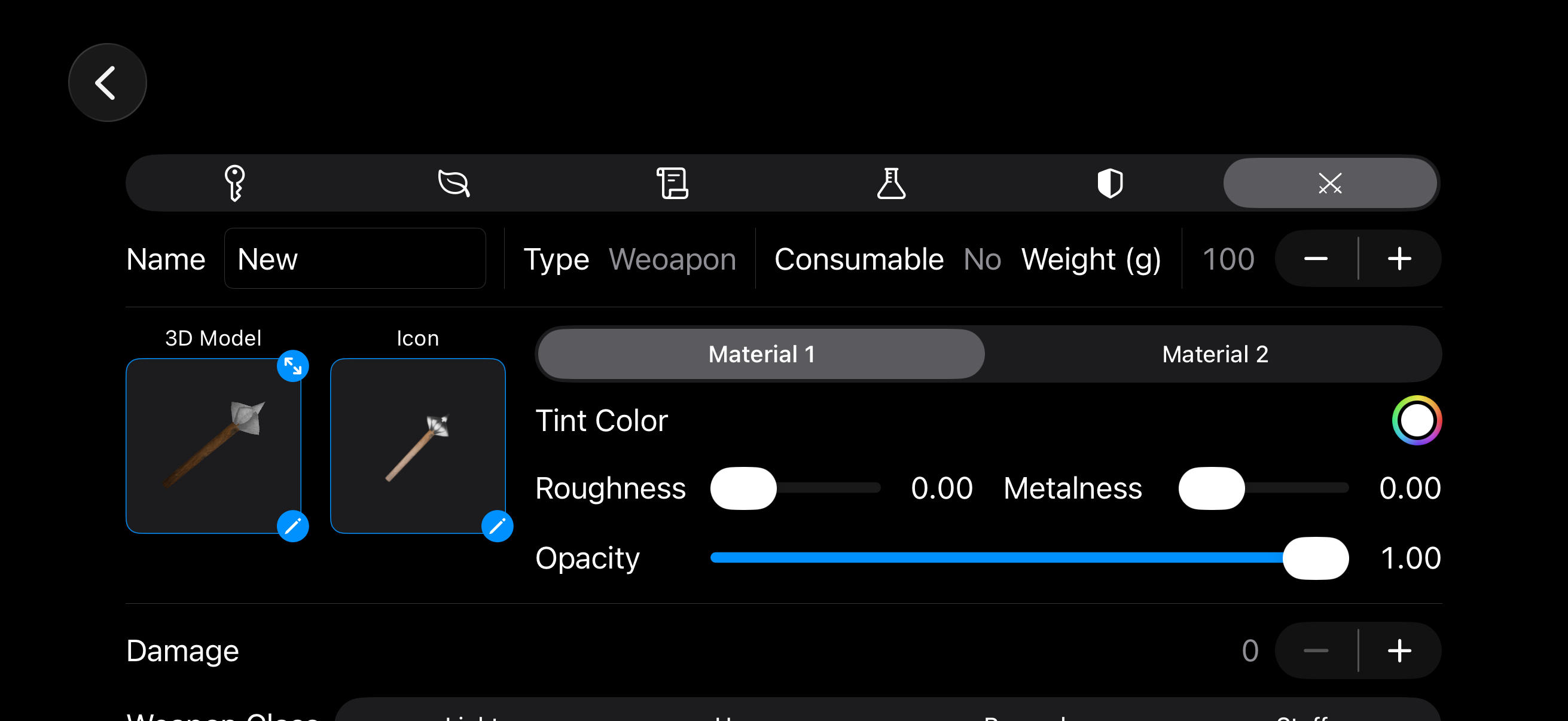 Level Editor's new weapon item editor with damage and weapon class settings